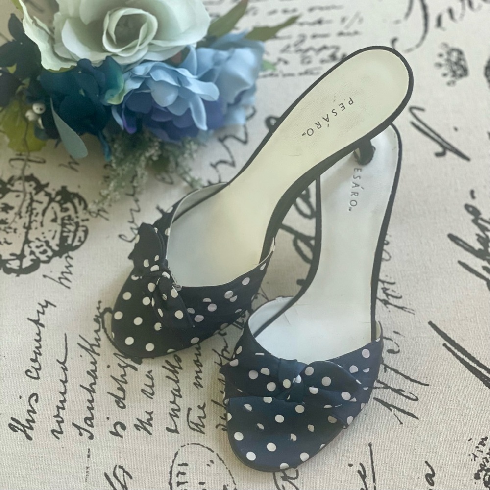 Pesáro Jaynie Navy Polka Dot Kitten Heel Open Toe Sandals with Bow 7.5 - Picture 4 of 10